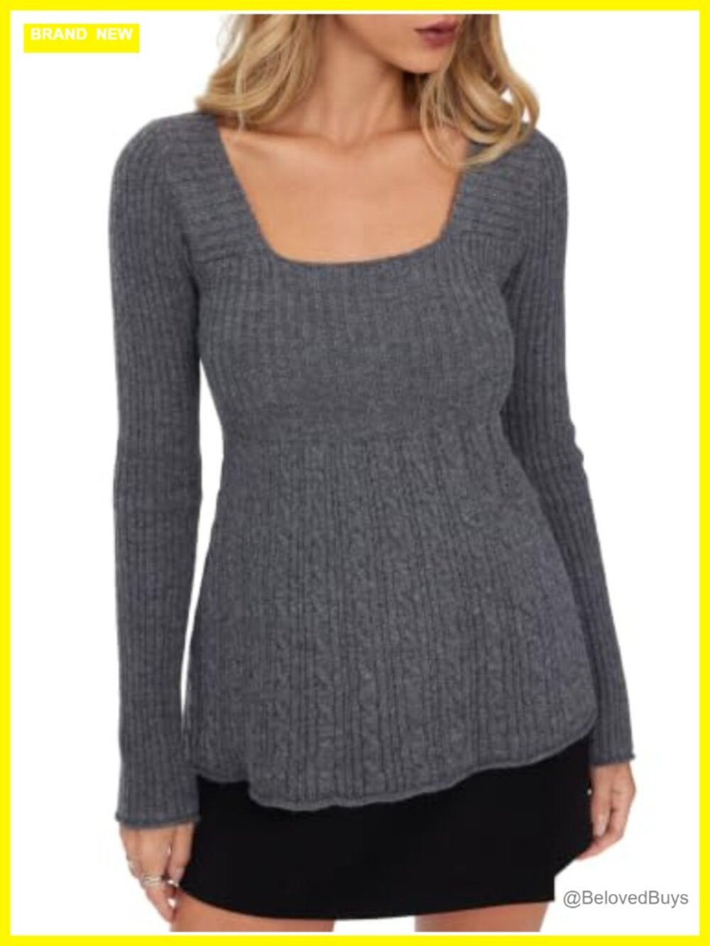 CIDER Square Neck Cable Knit Peplum Sweater Long Sleeve Knit Top